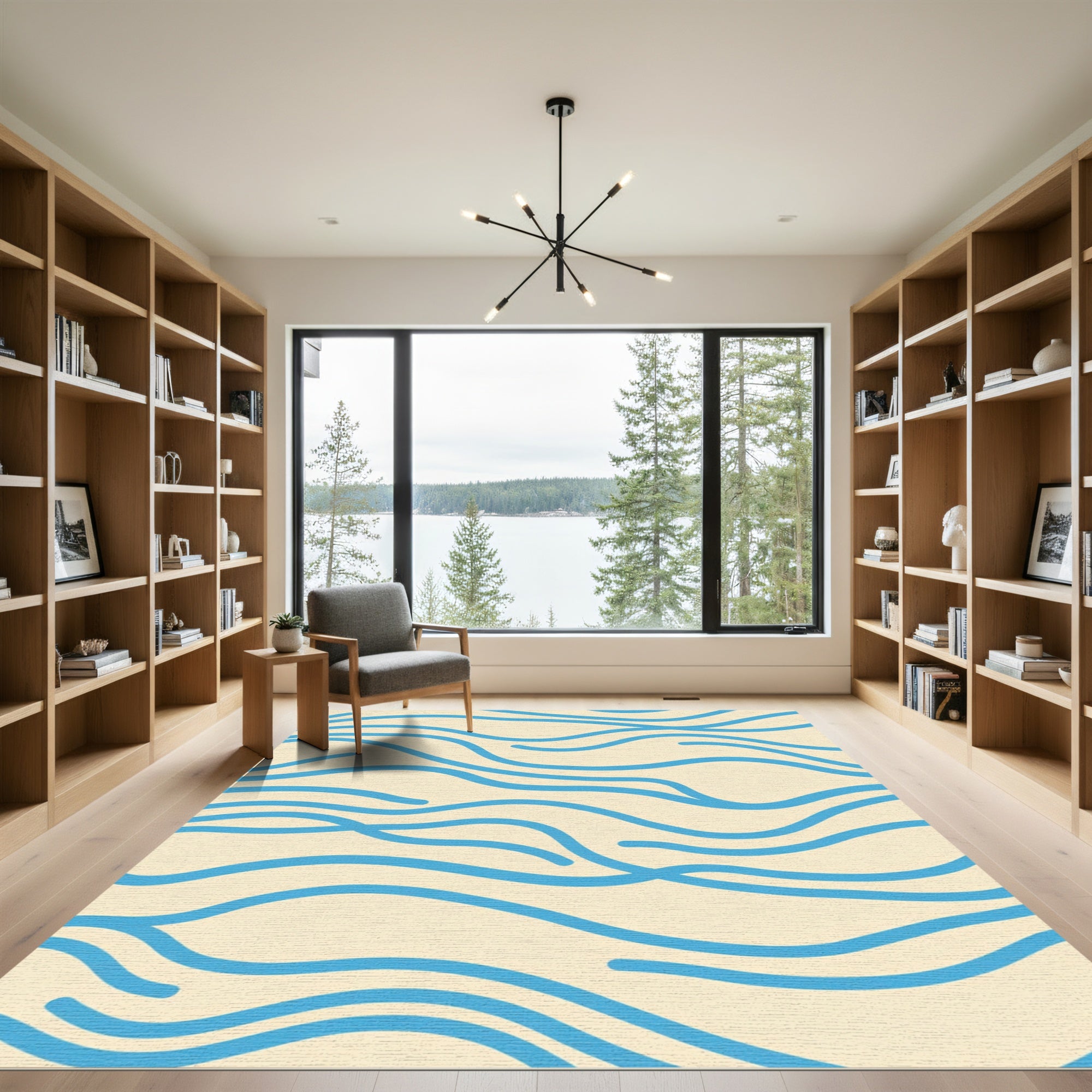 Cream Blue Wave Lines Rug