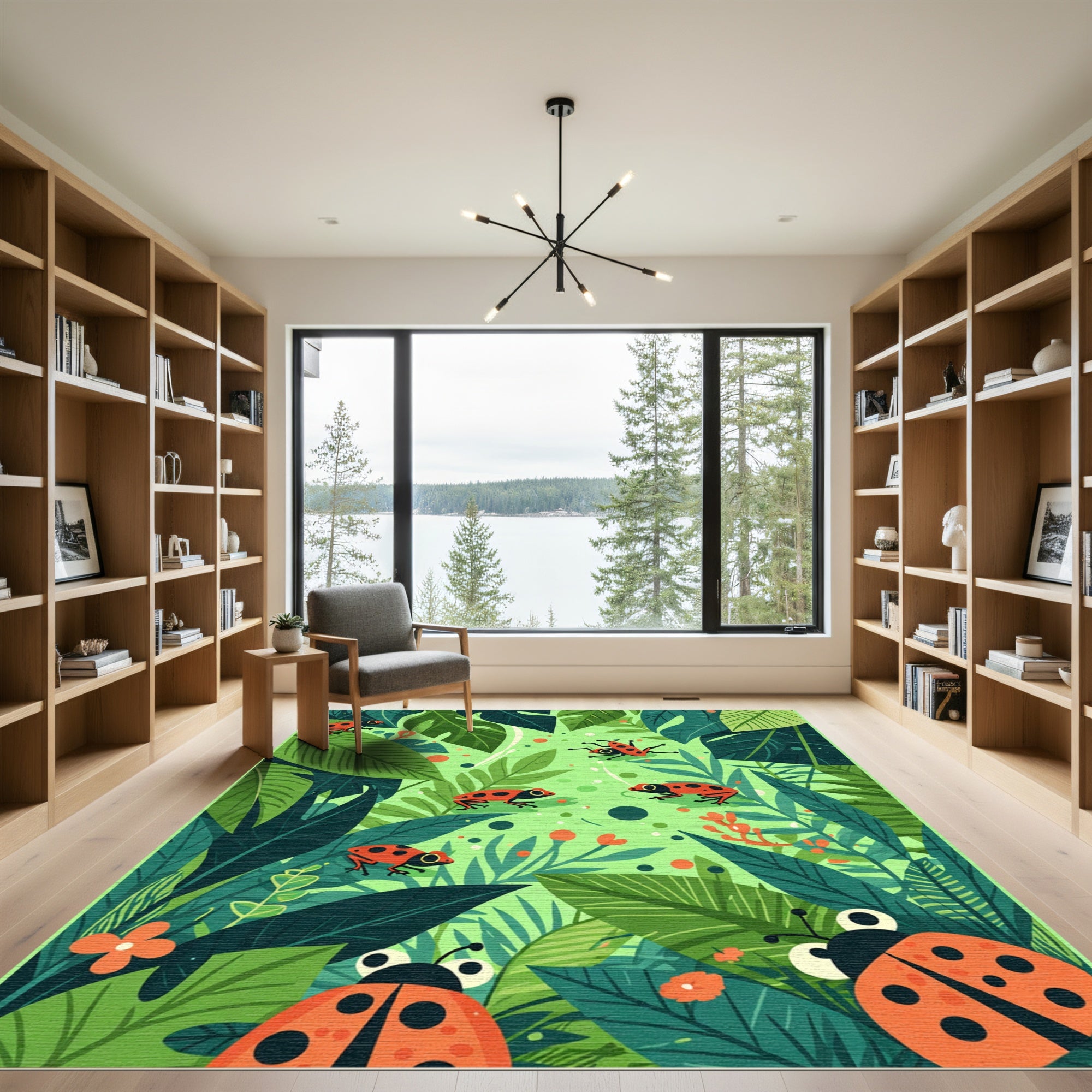 Jungle Leaf Red Frog Ladybug Scene Rug