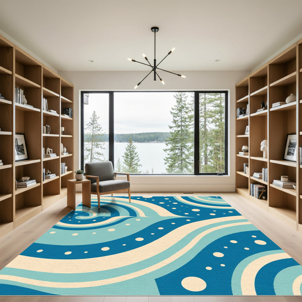 Oceanic Swirls Cream Blue Circles Rug