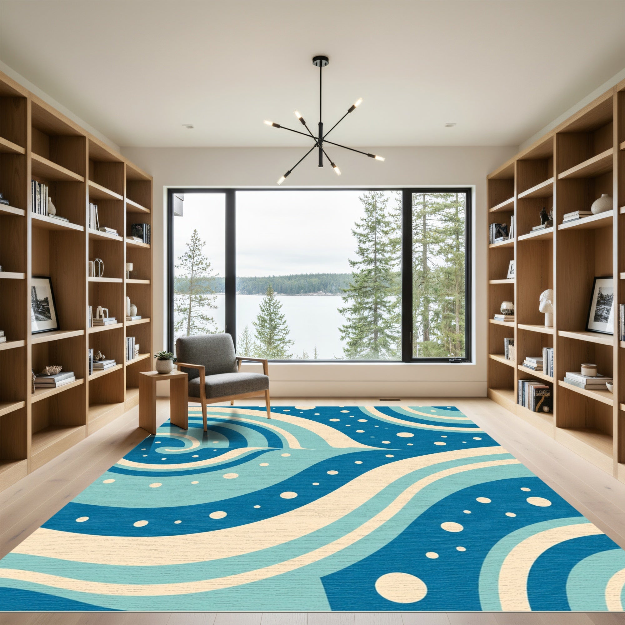 Oceanic Swirls Cream Blue Circles Rug