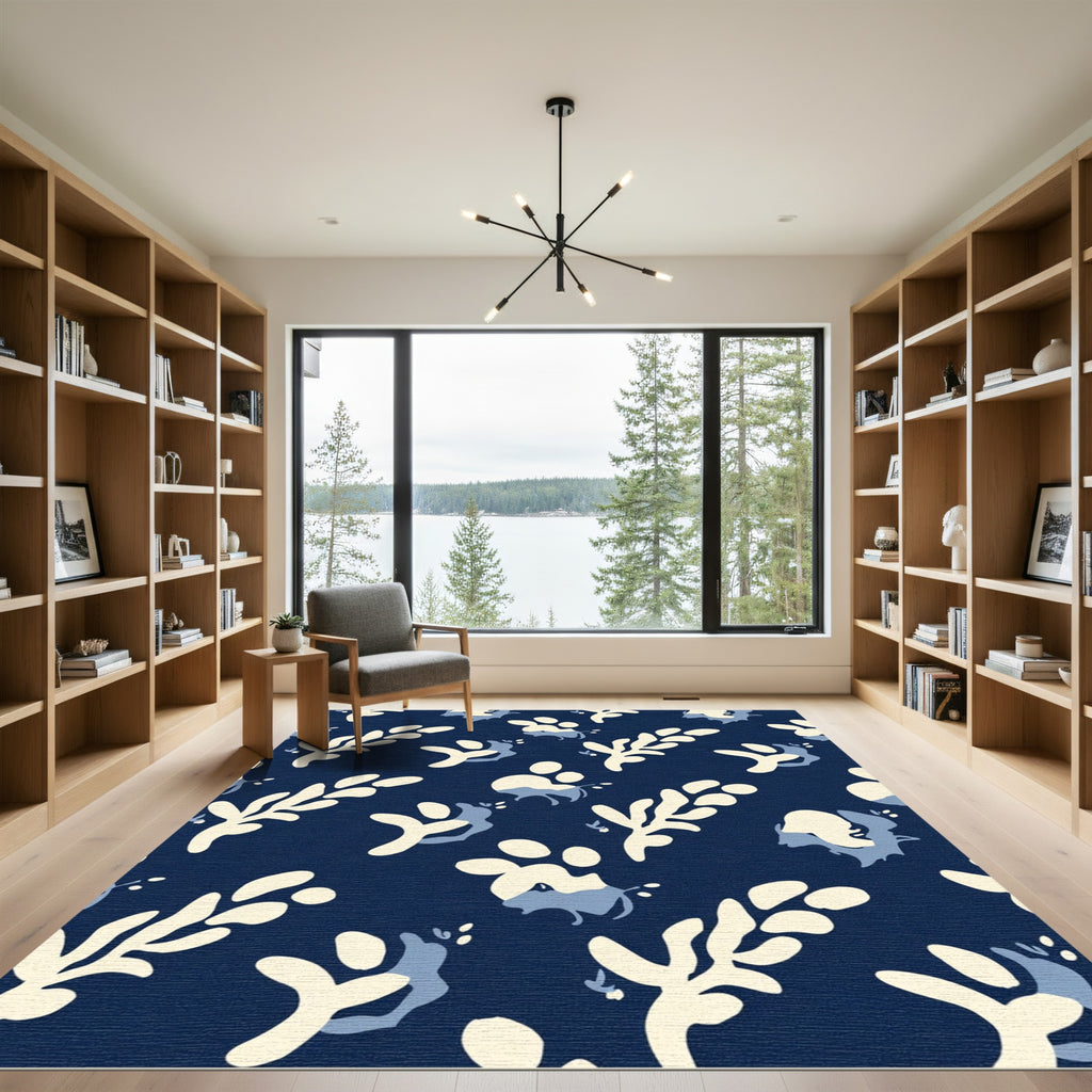 Navy Cream Abstract Botanical Folk Rug