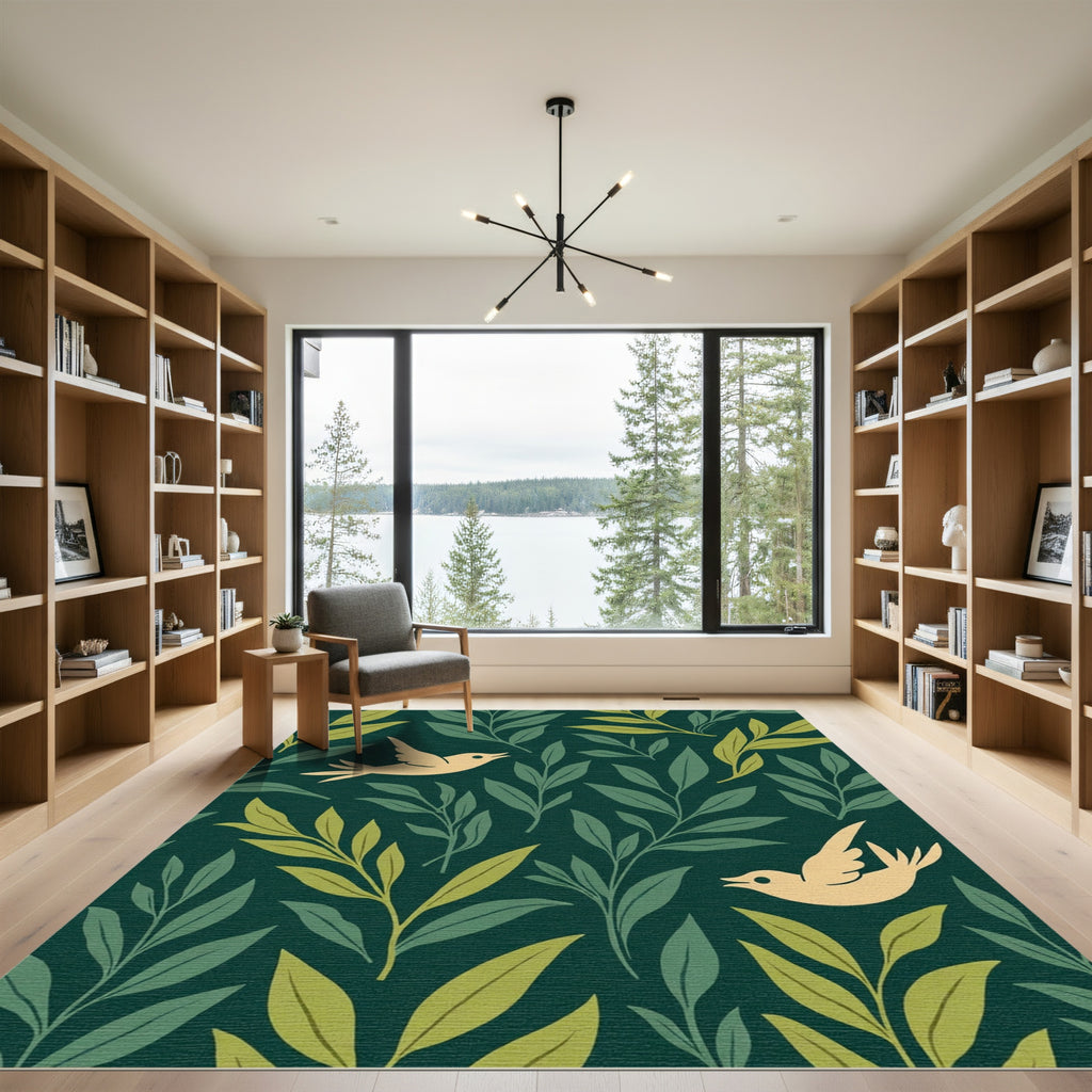 Golden Birds Among Lush Green Leaves Rug