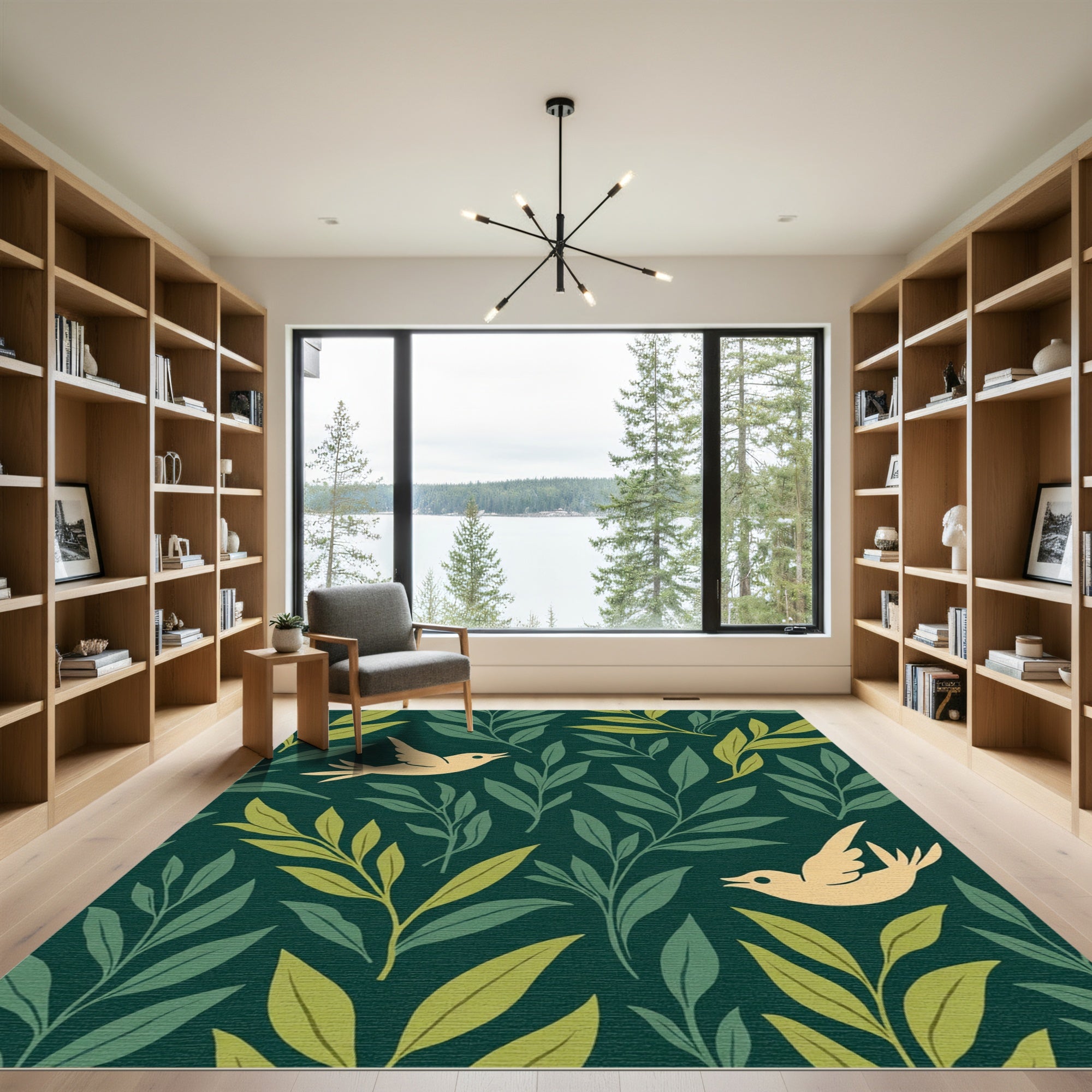 Golden Birds Among Lush Green Leaves Rug