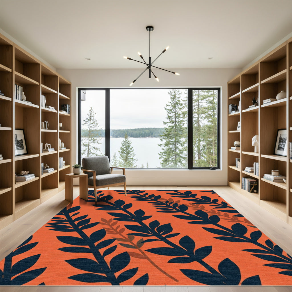 Orange Navy Leafy Branches Rug