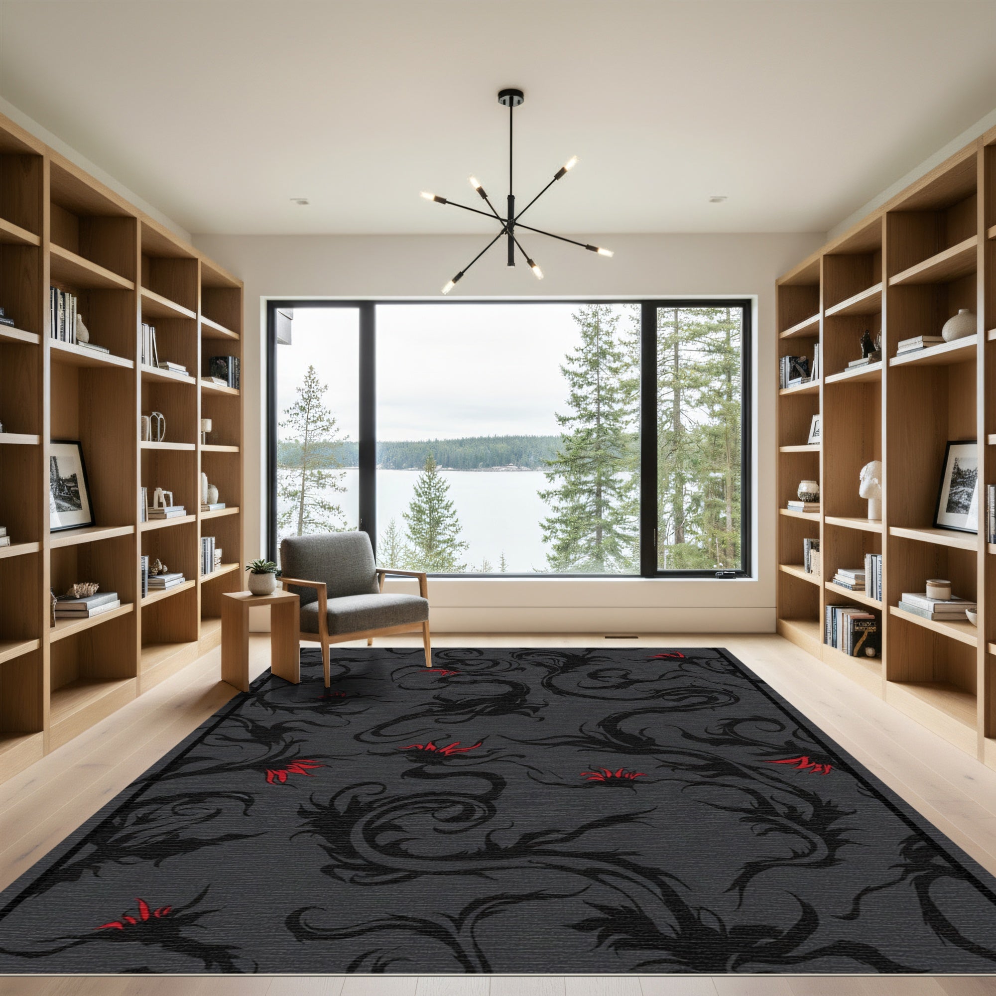 Dark Floral Vines Red Accents Rug