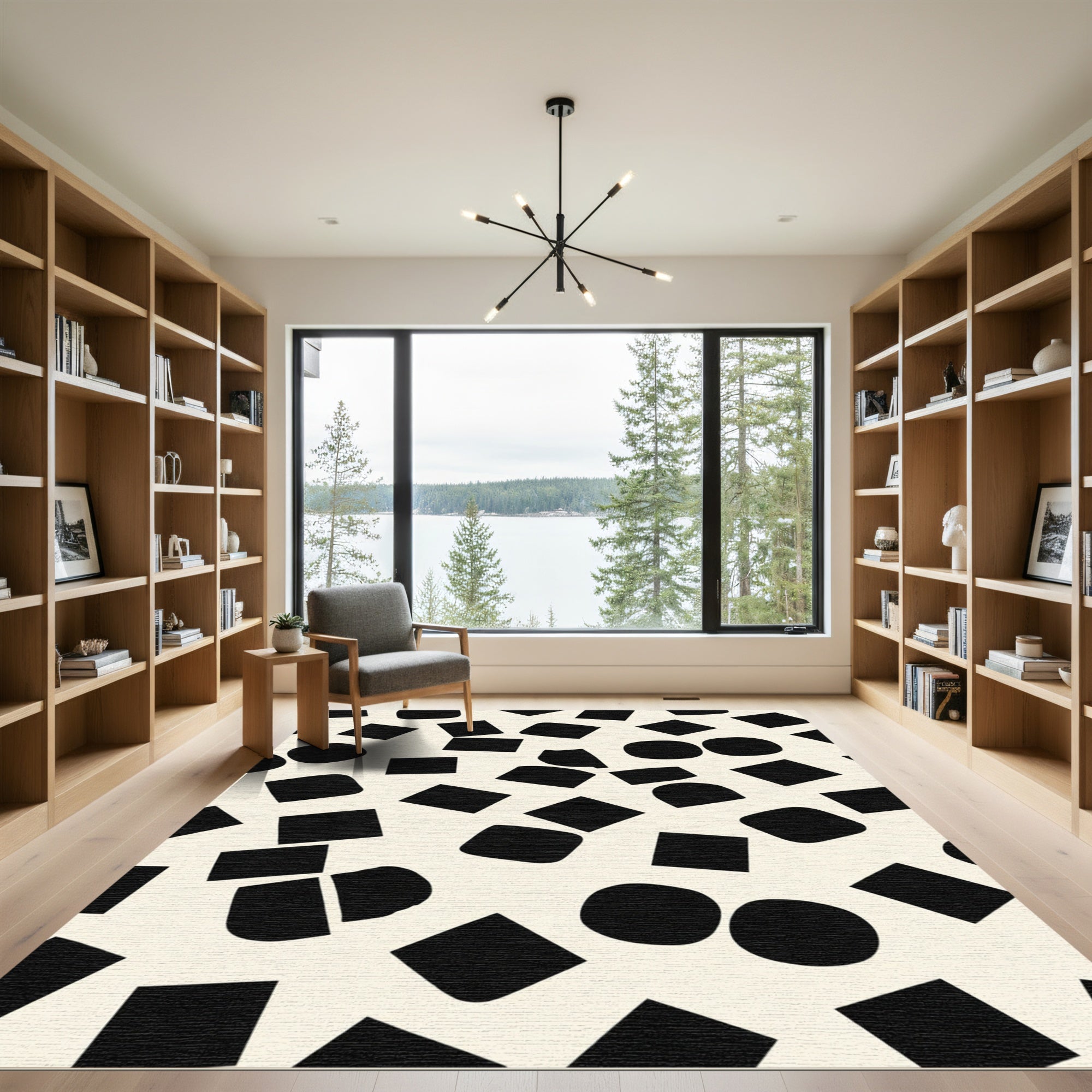Abstract Black Rounded Squares Scattered Design Rug