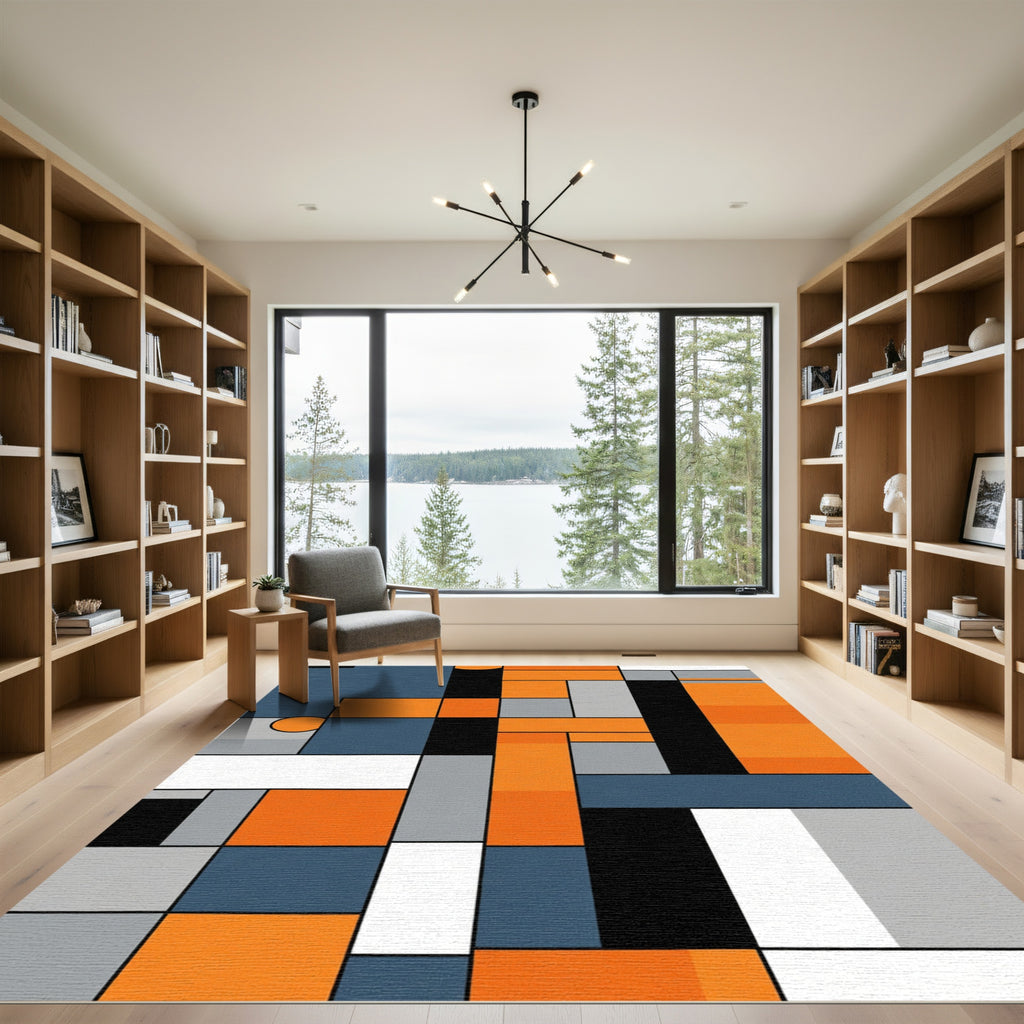 Abstract Grid Orange Teal Black Rug