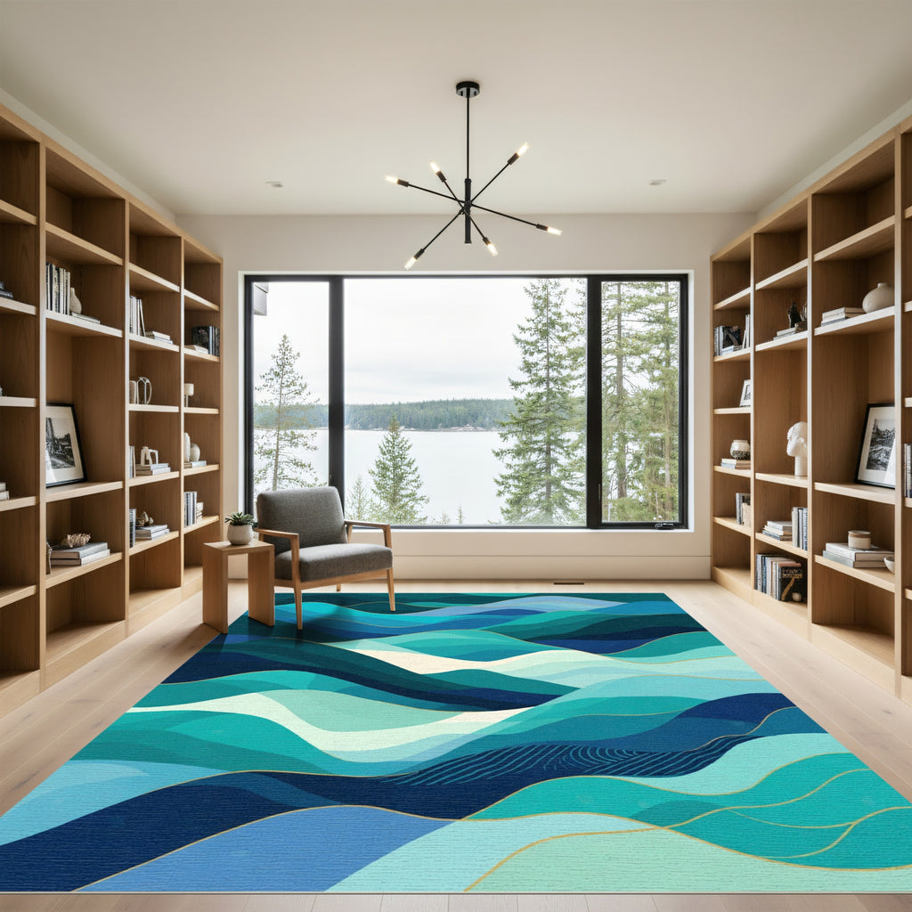 Oceanic Blue Green Wavy Landscape Rug