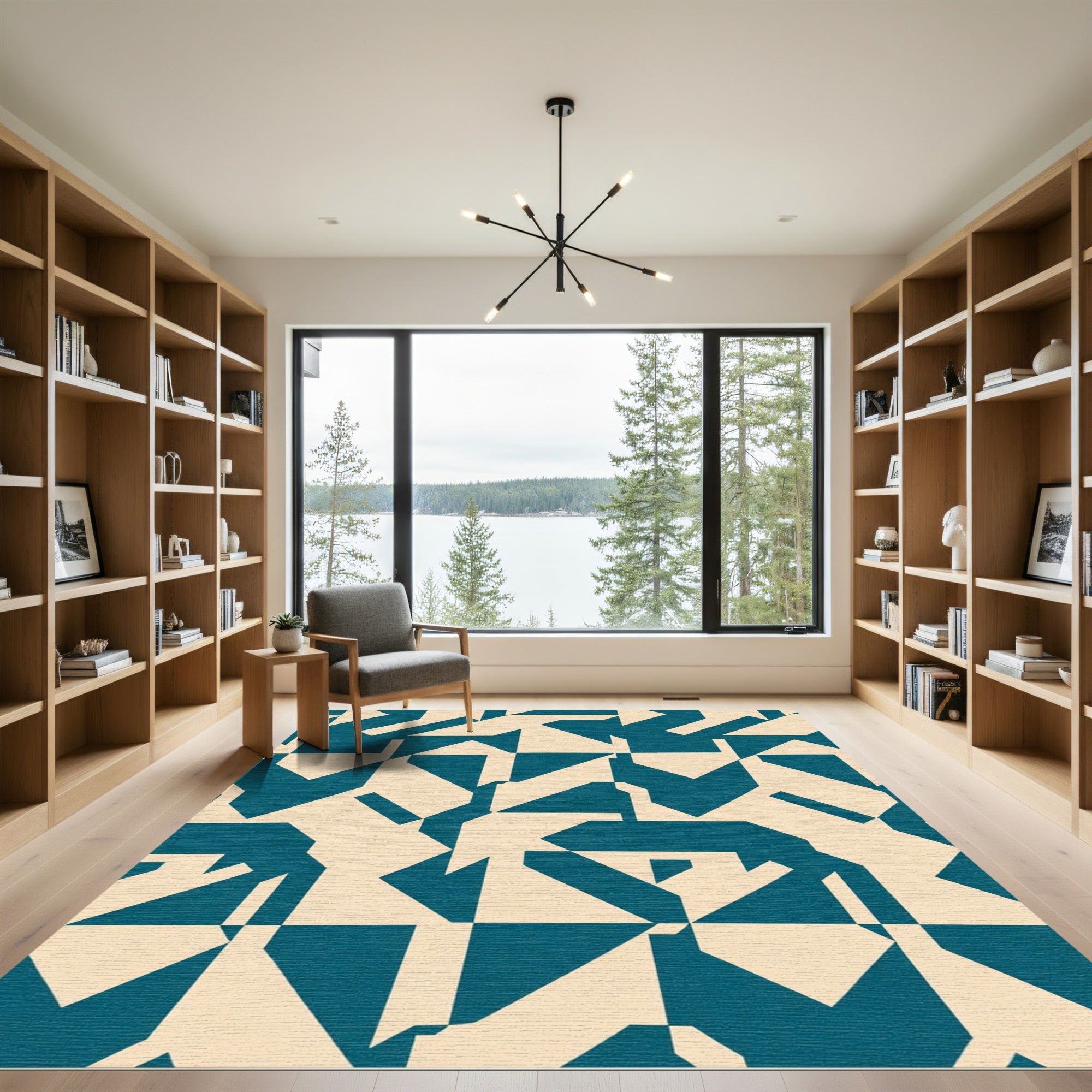 Teal Beige Geometric Abstract Composition Rug