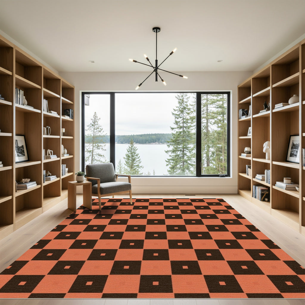 Burnt Orange Brown Checkered Squares Rug