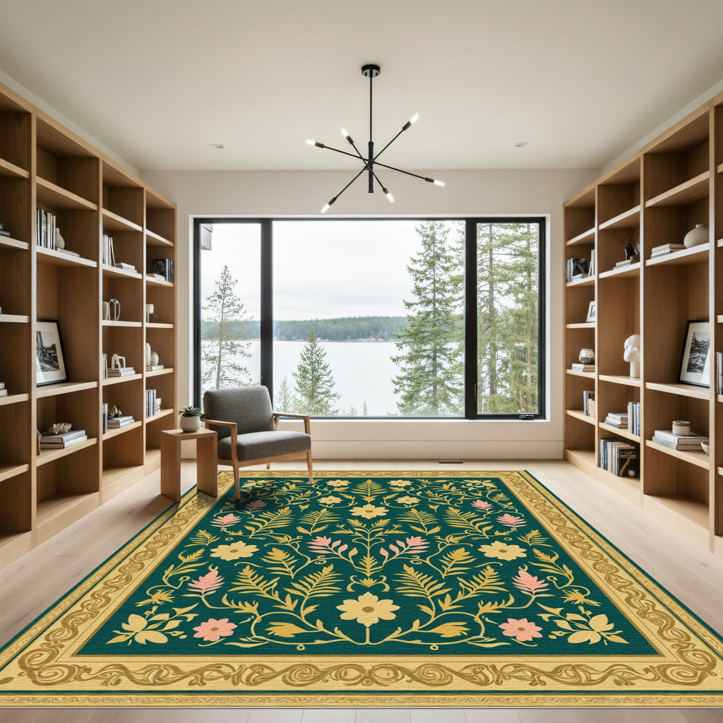 Teal Gold Pink Floral Garden Medallion Rug