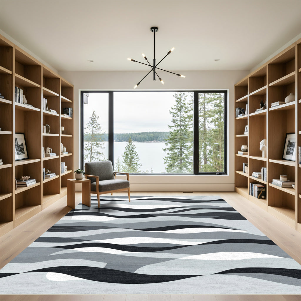 Monochromatic Gray Abstract Wave Ribbons Rug