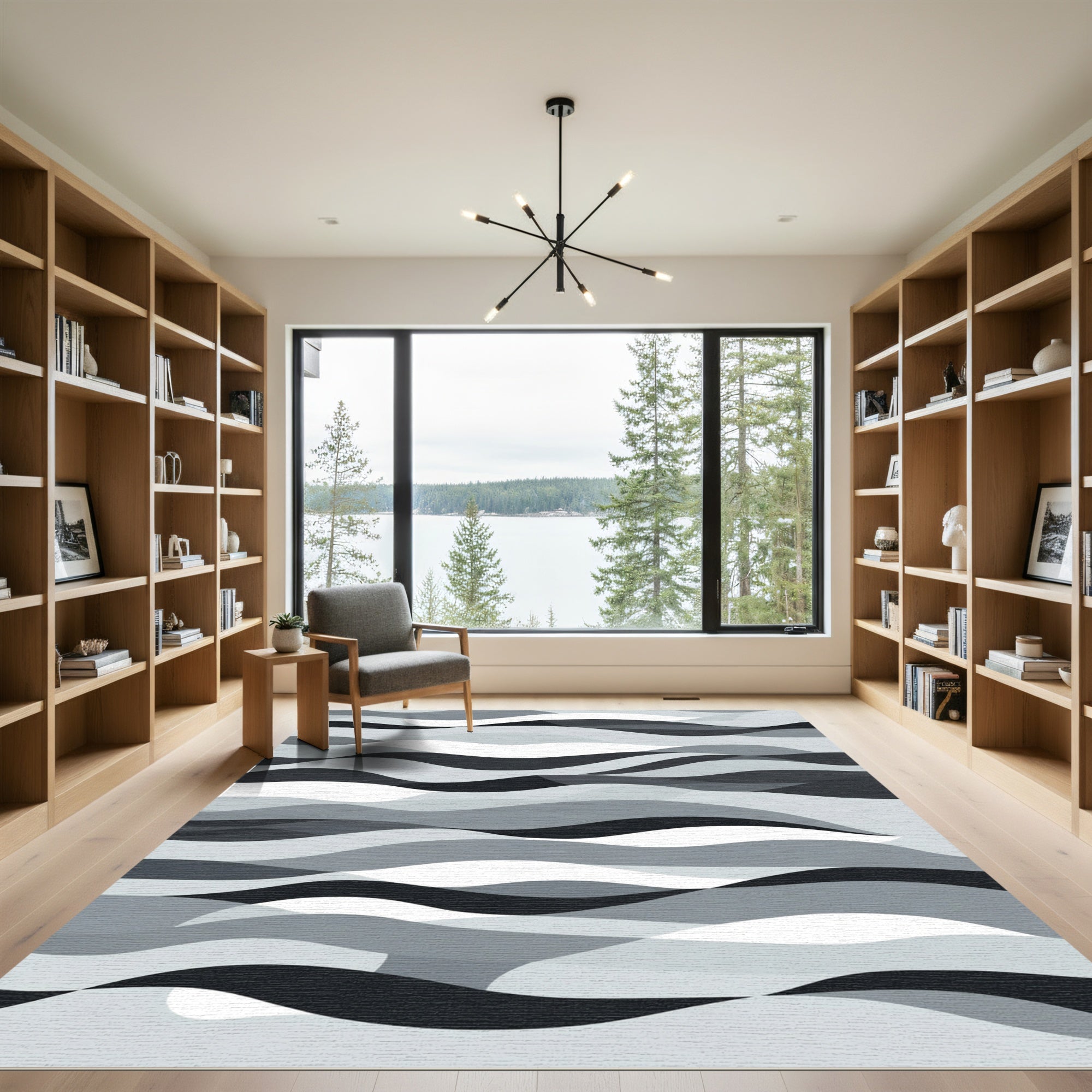 Monochromatic Gray Abstract Wave Ribbons Rug