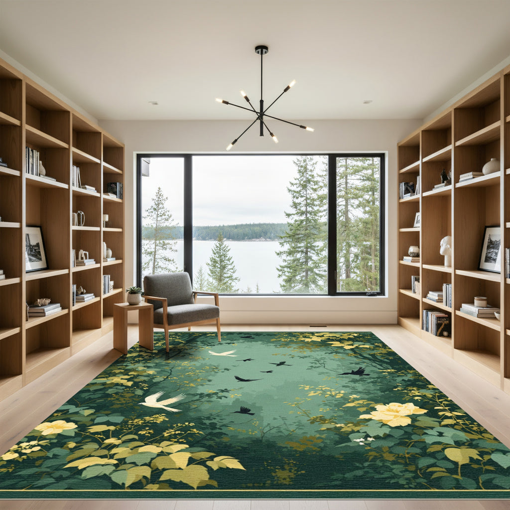 Emerald Forest White Birds Floral Scene Rug