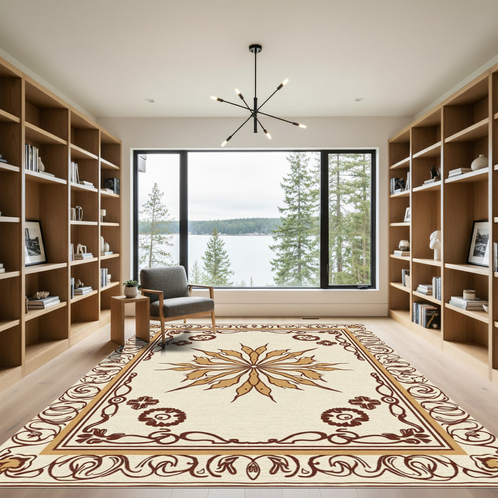 Cream Brown Floral Sunburst Border Rug