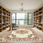 Cream Brown Floral Sunburst Border Rug