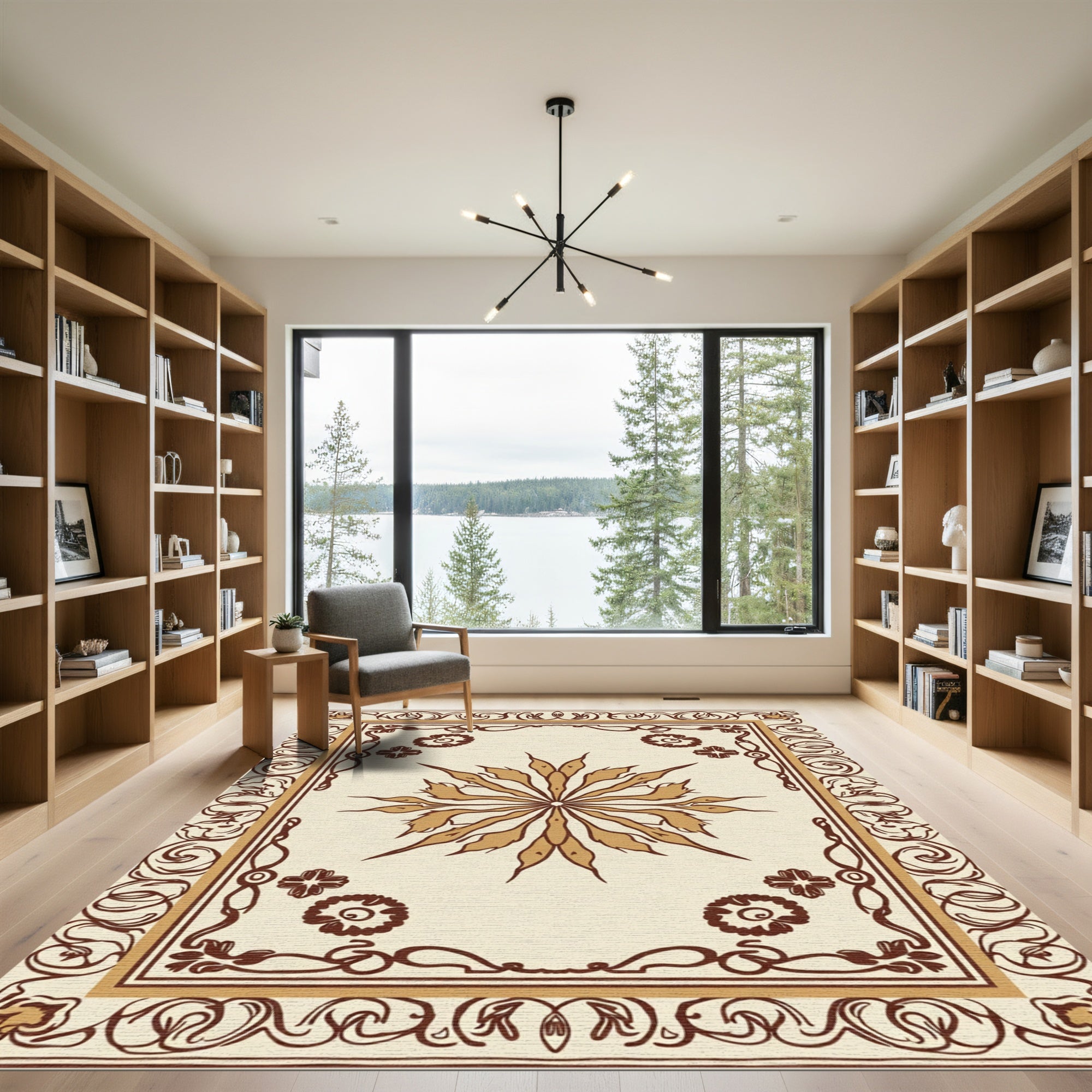 Cream Brown Floral Sunburst Border Rug