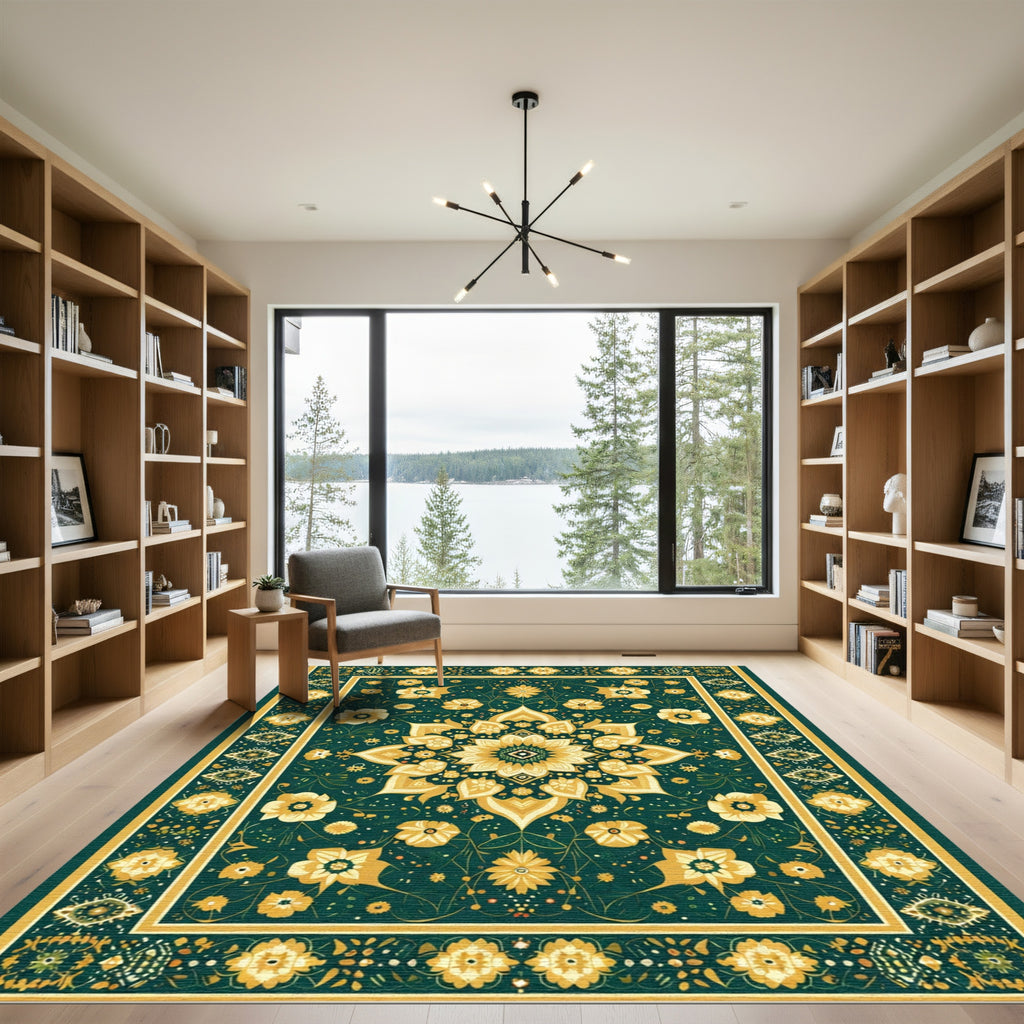 Golden Floral Medallion Emerald Tapestry Rug