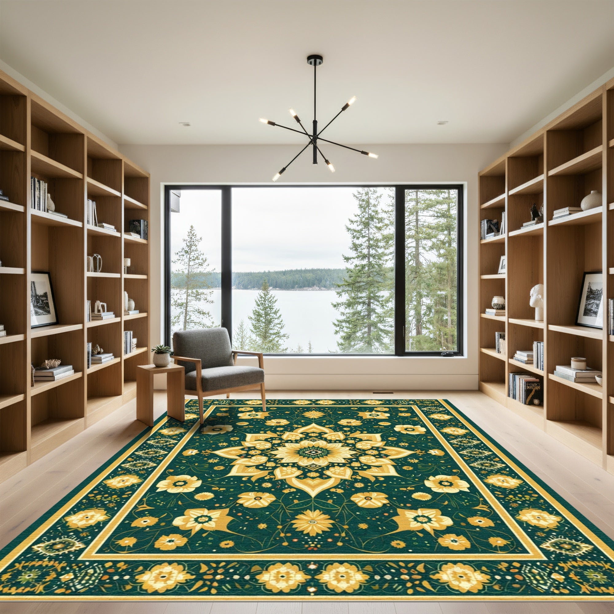 Golden Floral Medallion Emerald Tapestry Rug