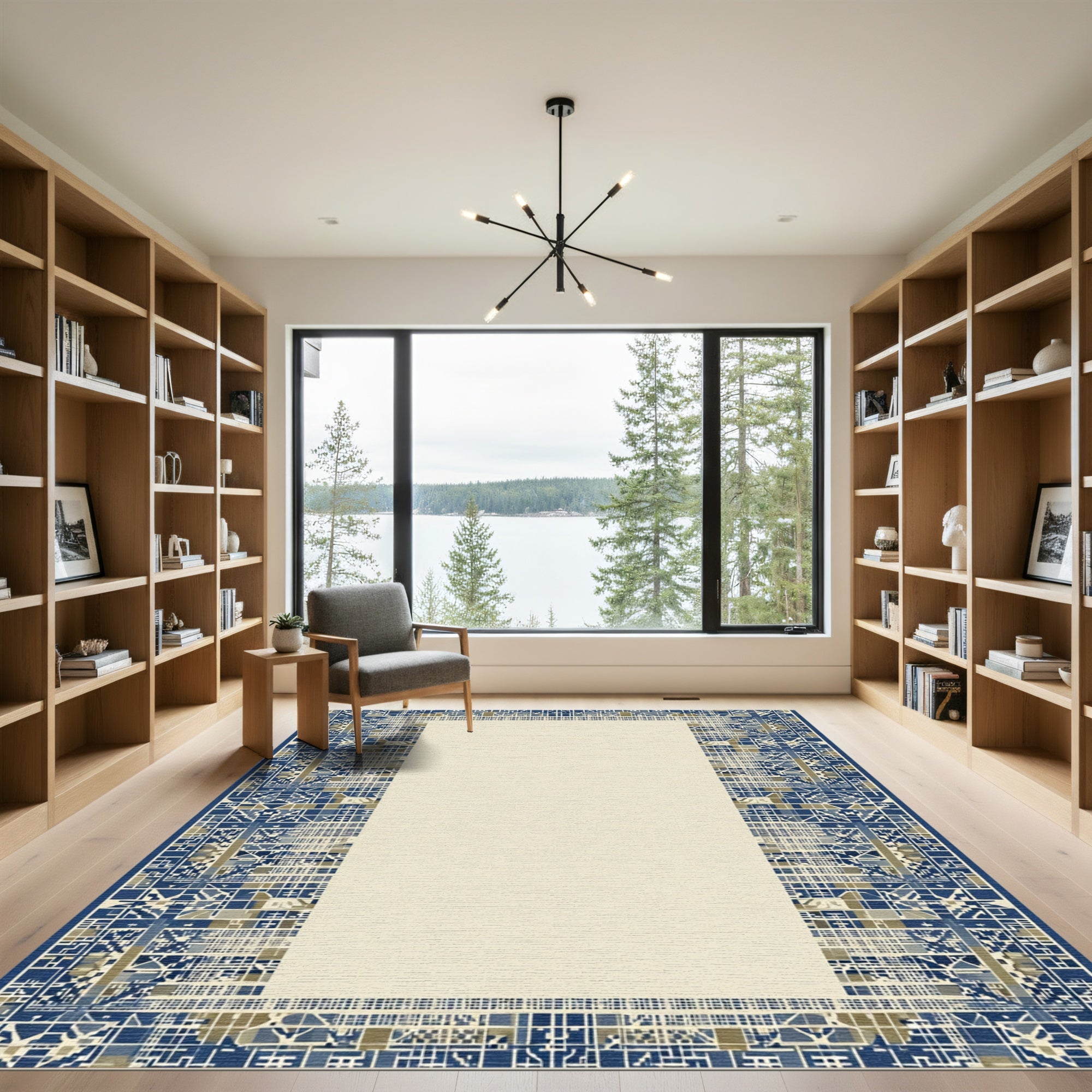 Geometric Blue Tan Mosaic Border Rug