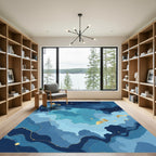 Deep Blue Sky Swirls Gold Stars Rug