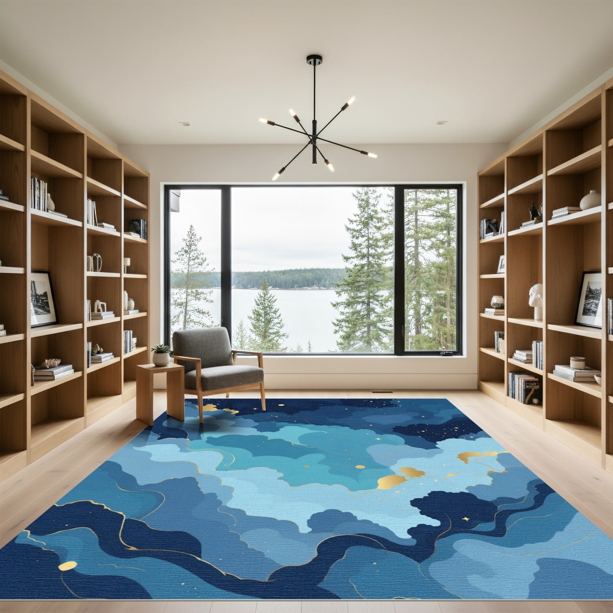 Deep Blue Sky Swirls Gold Stars Rug