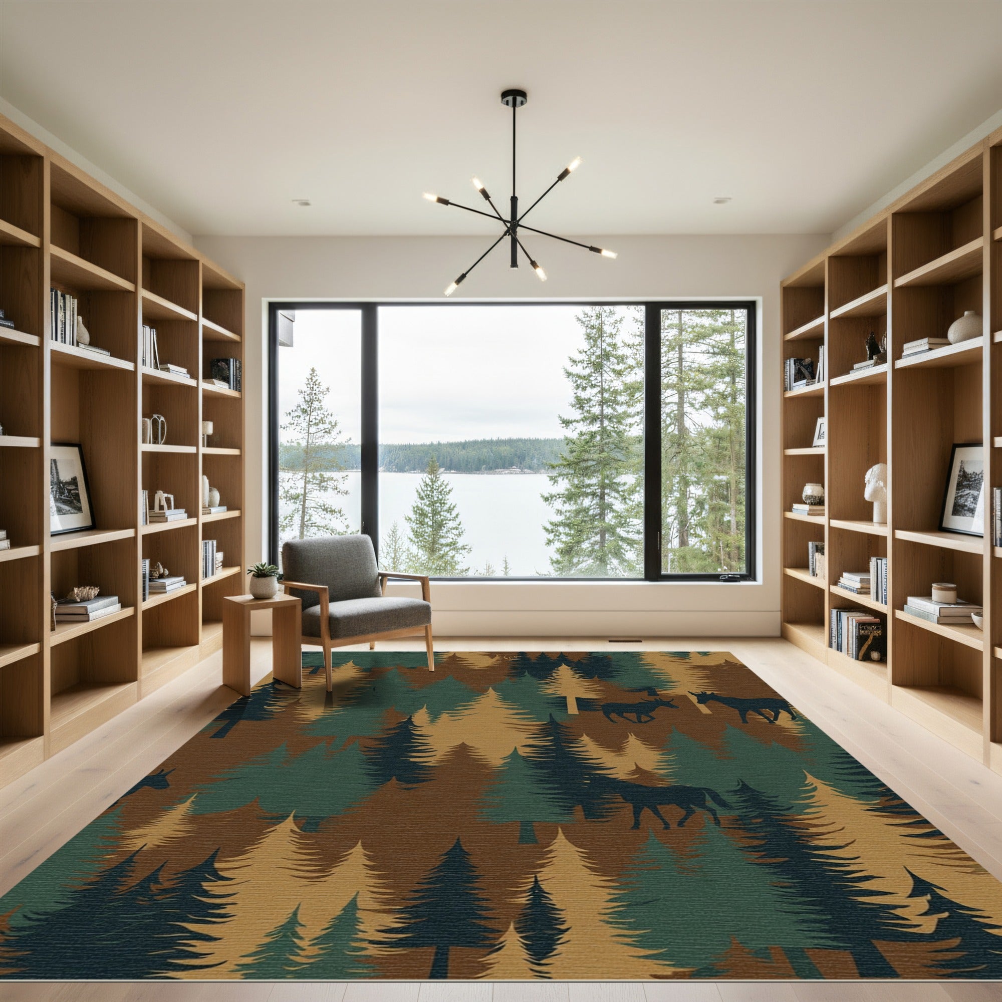 Woodland Elk Pine Forest Silhouette Rug