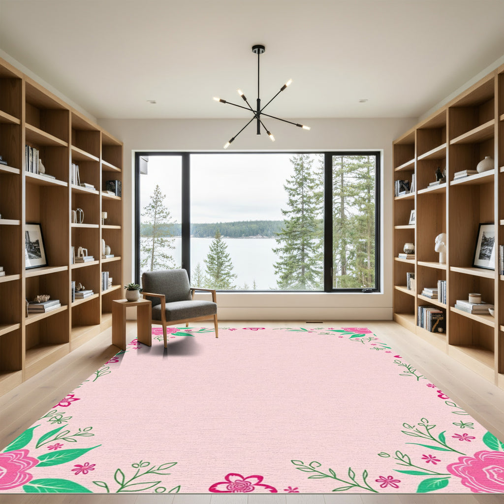 Whimsical Pink Floral Vine Border Rug