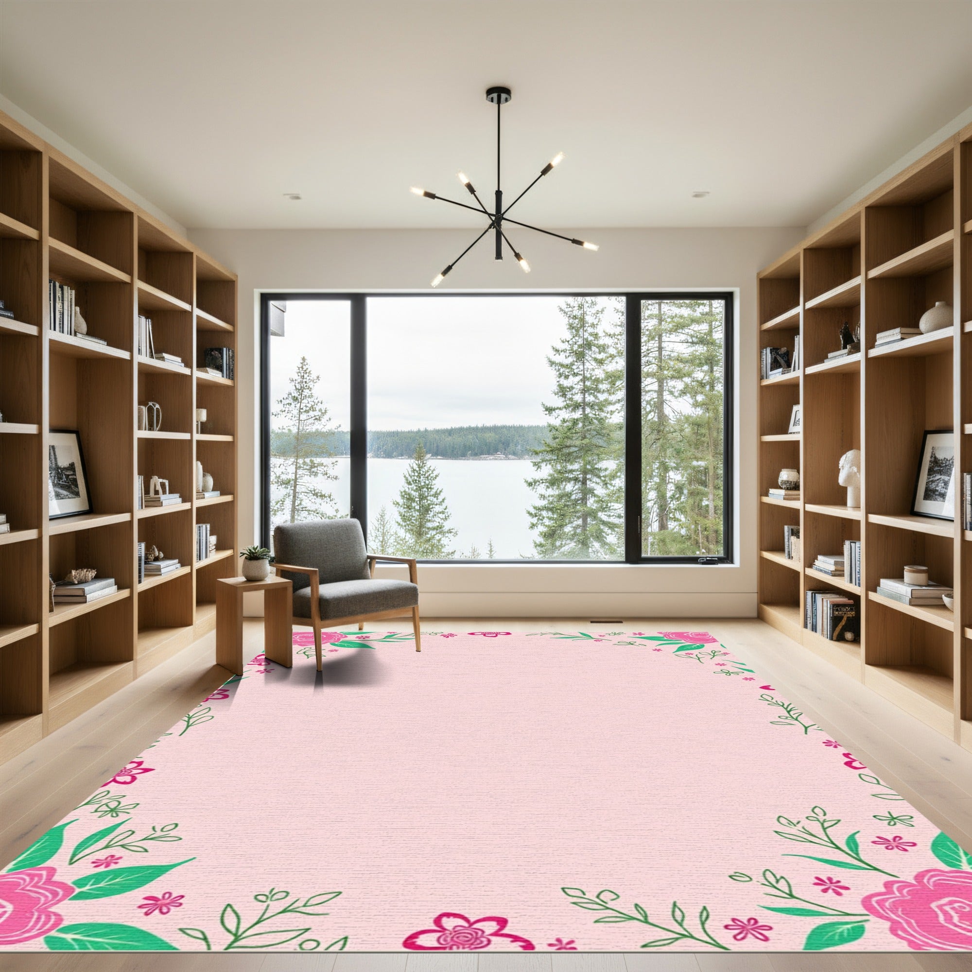 Whimsical Pink Floral Vine Border Rug