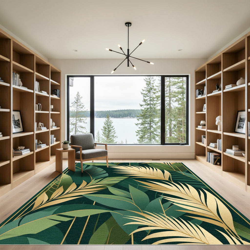 Lush Gold Green Tropical Leaf Rug
