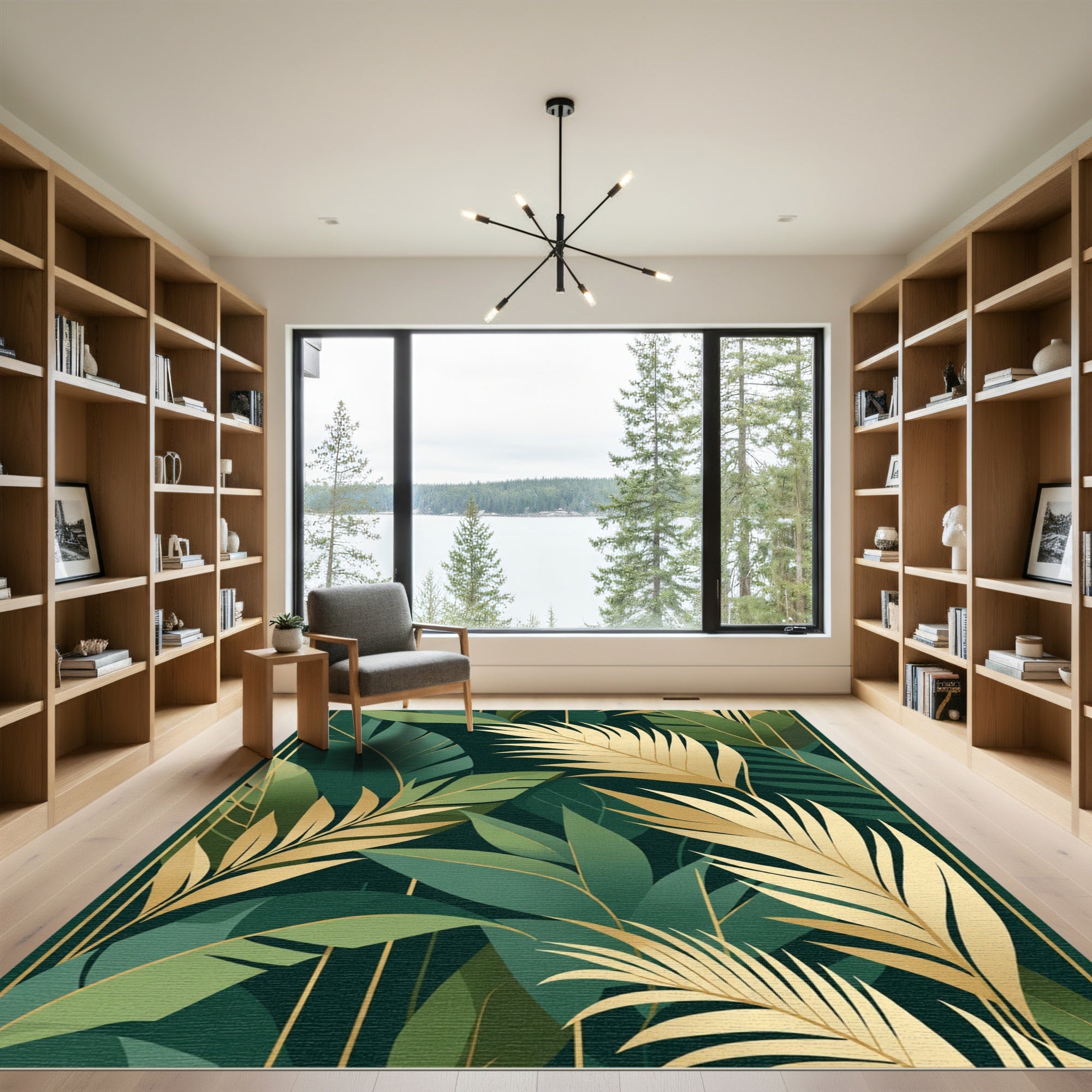 Lush Gold Green Tropical Leaf Rug