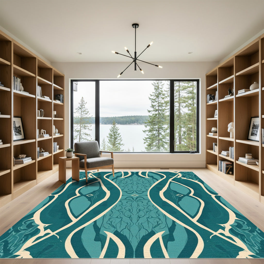 Teal Cream Organic Flowing Forms Rug