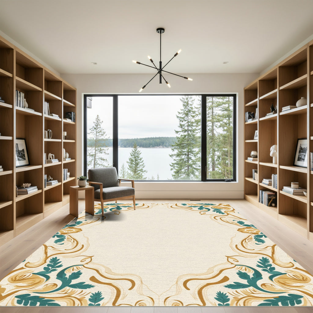 Golden Teal Floral Swirl Medallion Rug