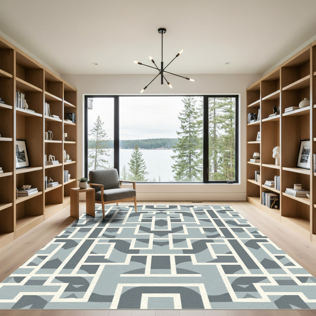 Geometric Maze Blue and Cream Rug