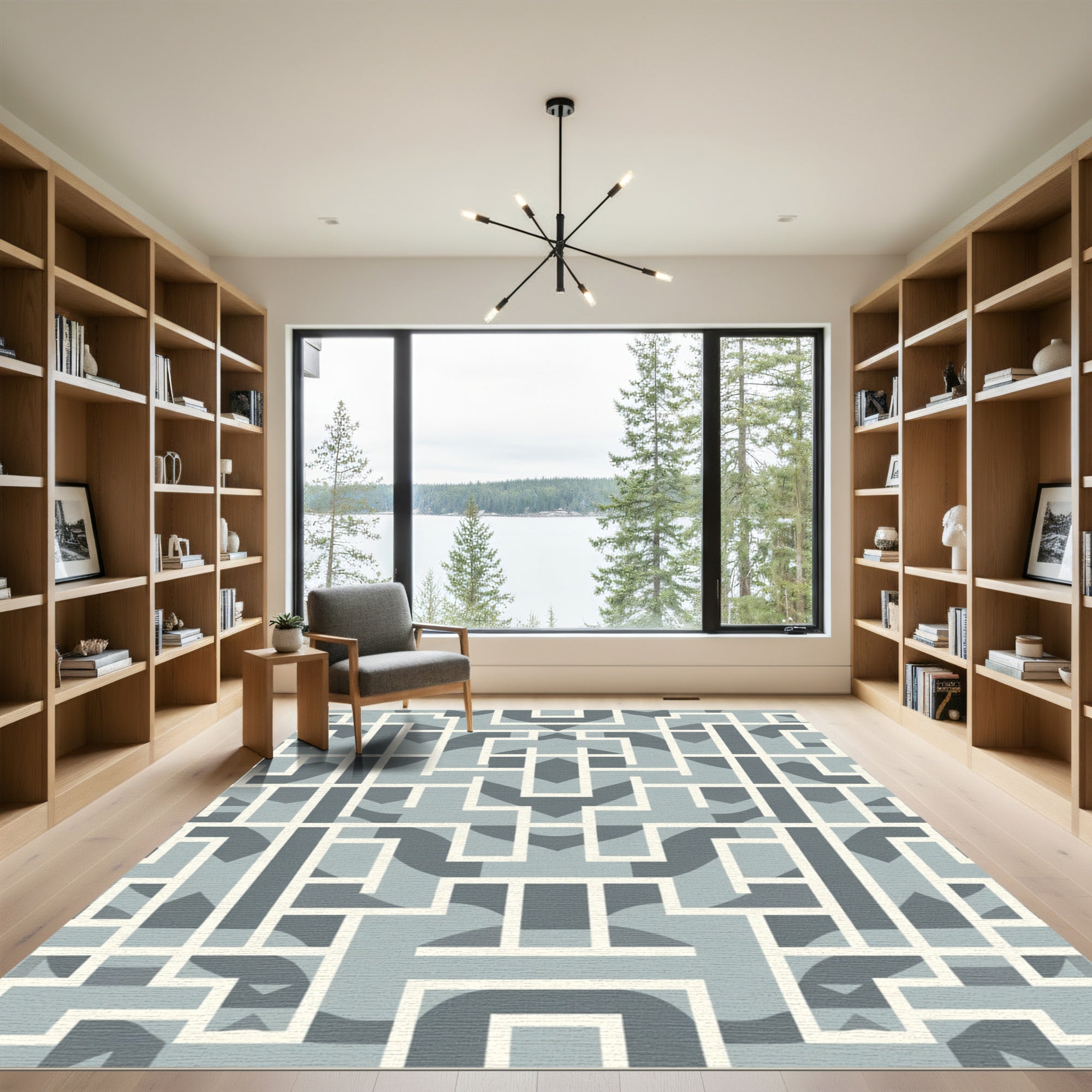 Geometric Maze Blue and Cream Rug