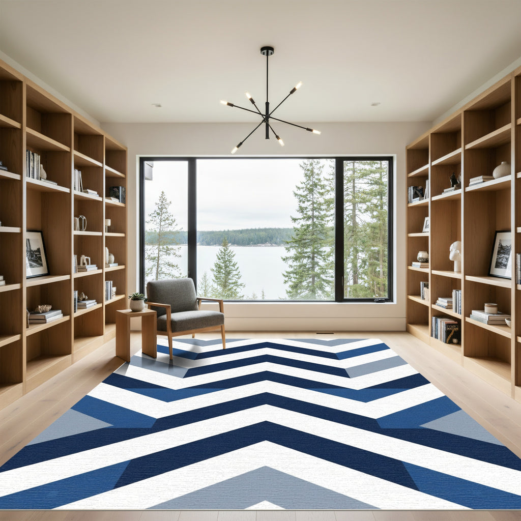 Naval Blue Geometric Chevron Zigzag Rug