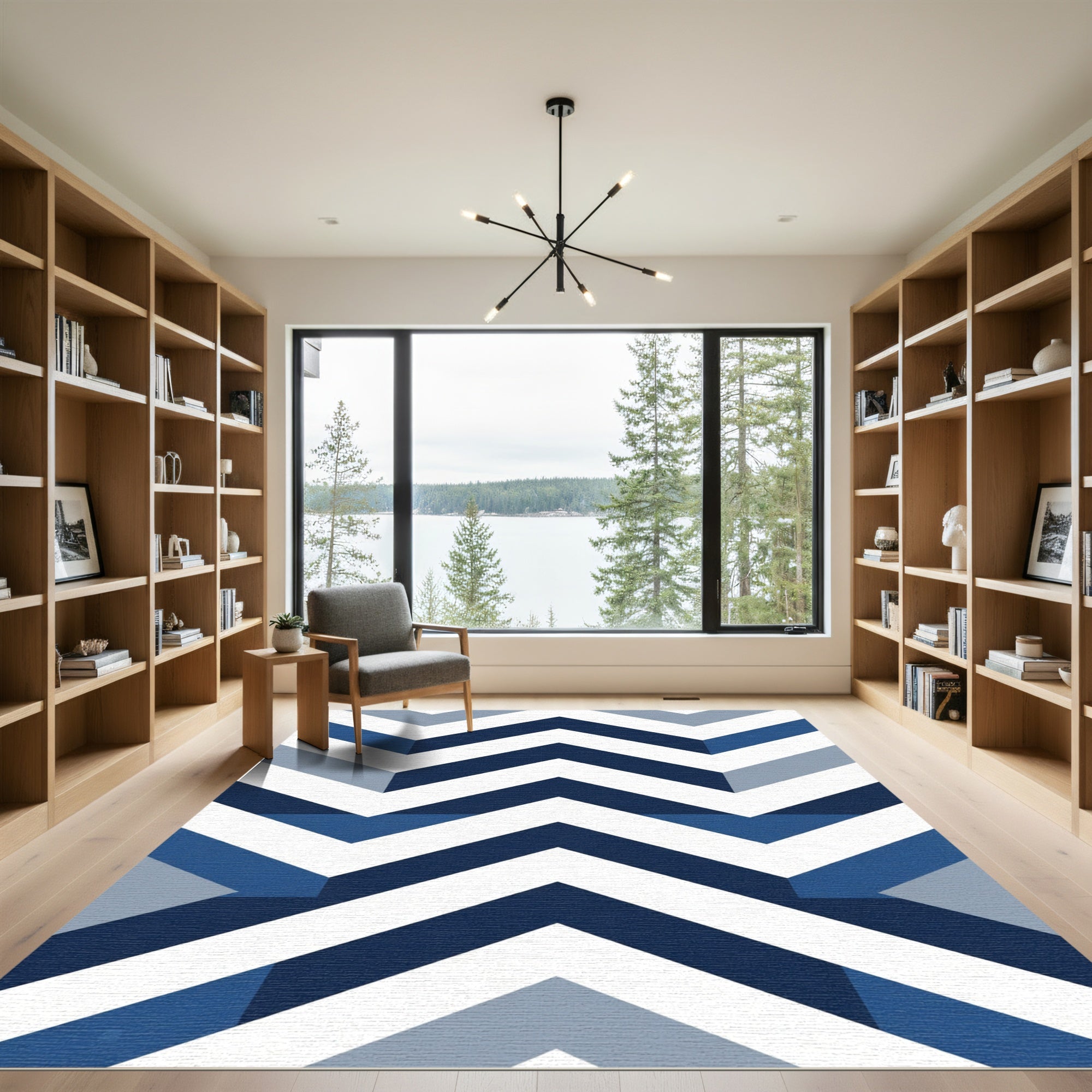 Naval Blue Geometric Chevron Zigzag Rug