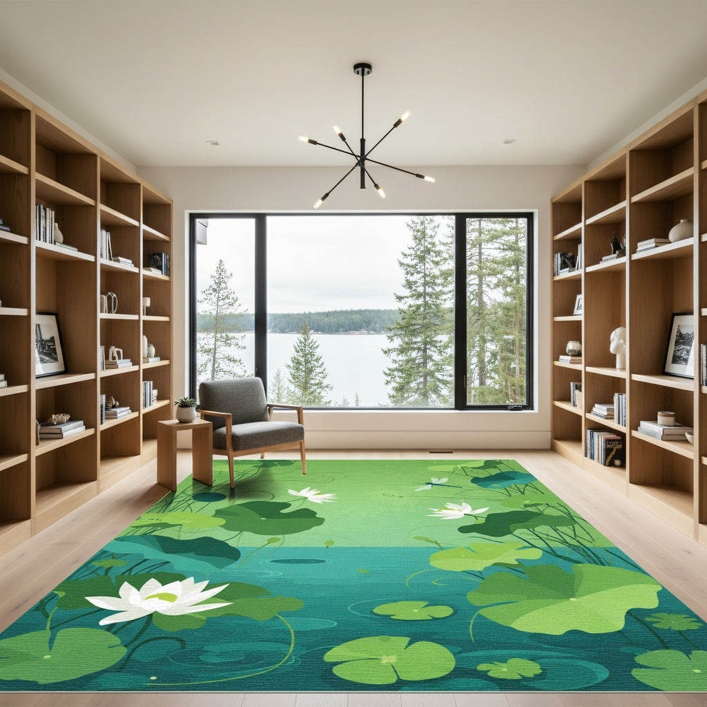 White Lotus Pond Dragonfly Scene Rug
