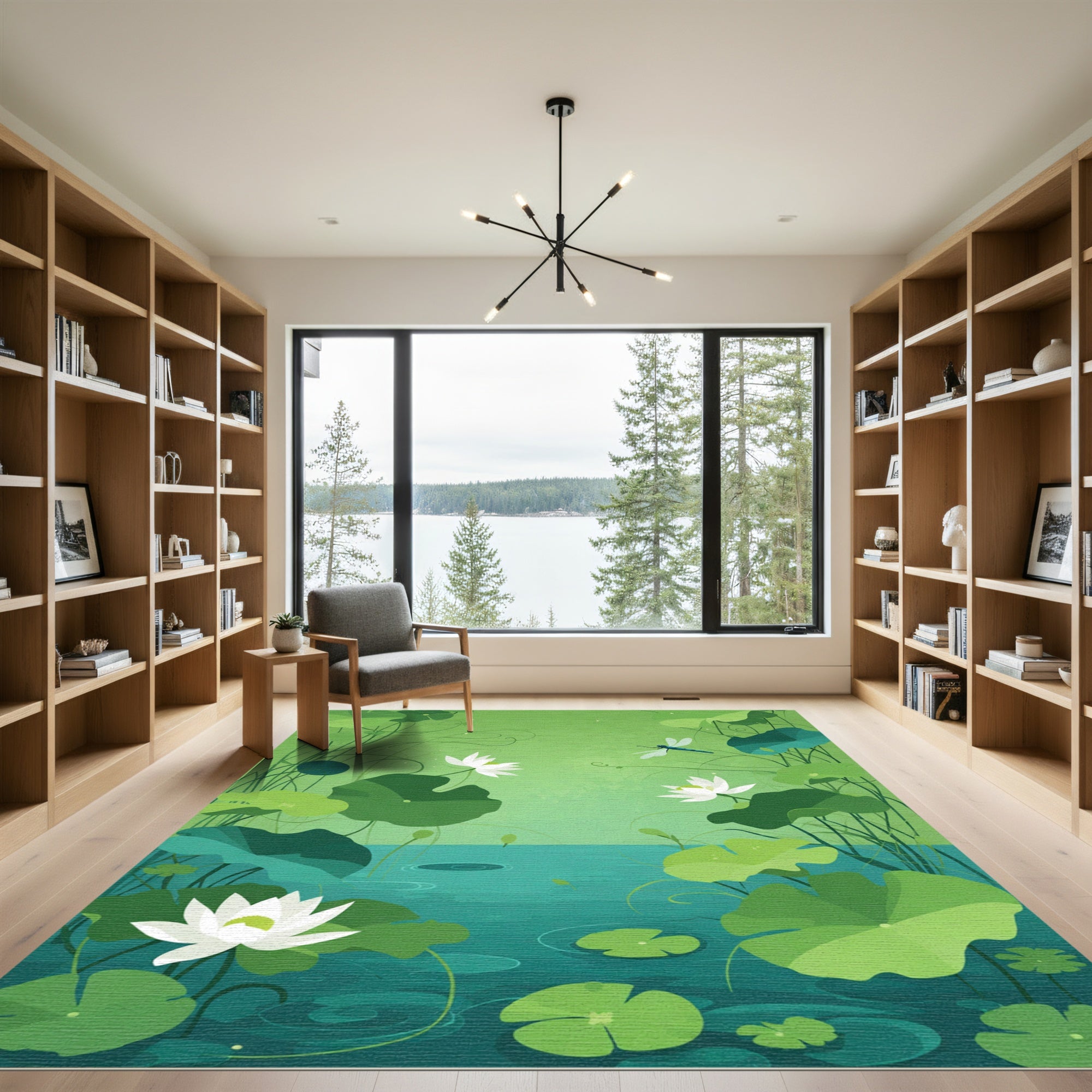 White Lotus Pond Dragonfly Scene Rug