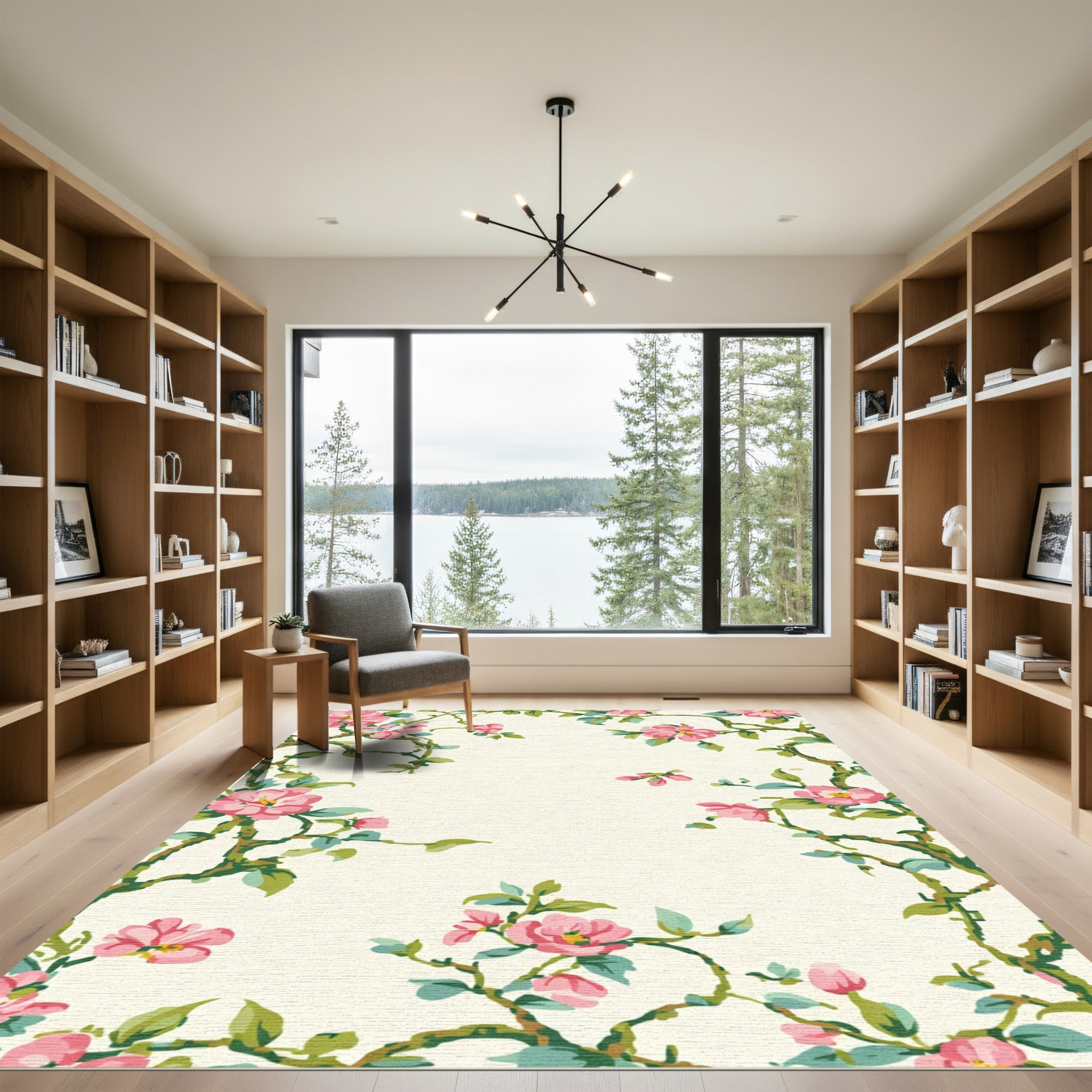 Pink Blossoms Vines Cream Rug