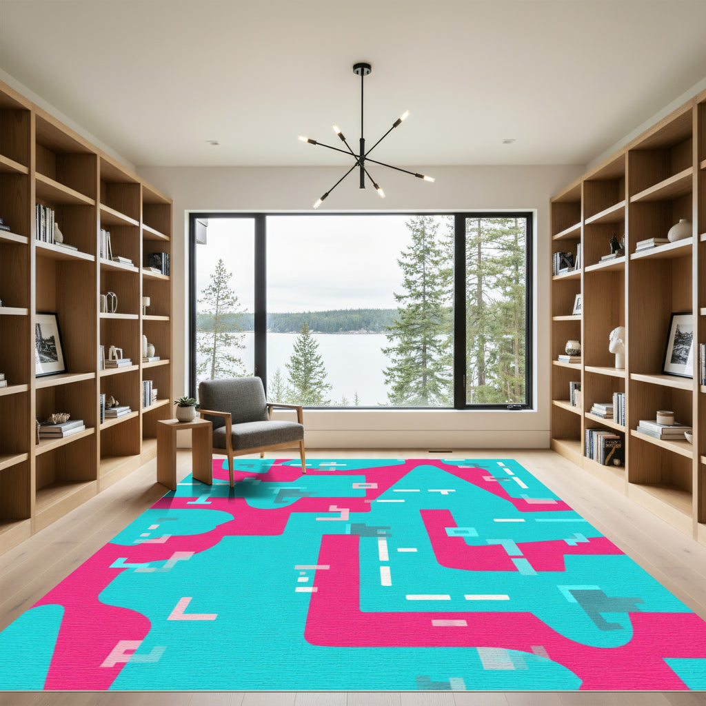 Circuit Board Pink Teal Abstract Lines Rug