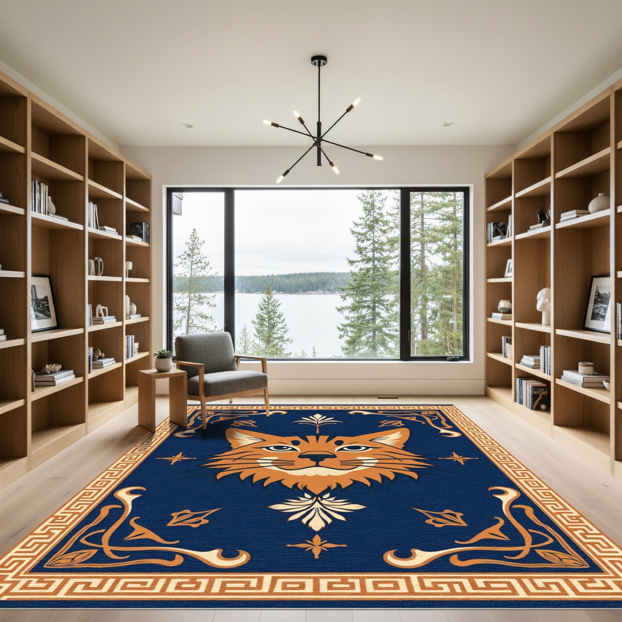 Orange Cat Blue Geometric Border Rug