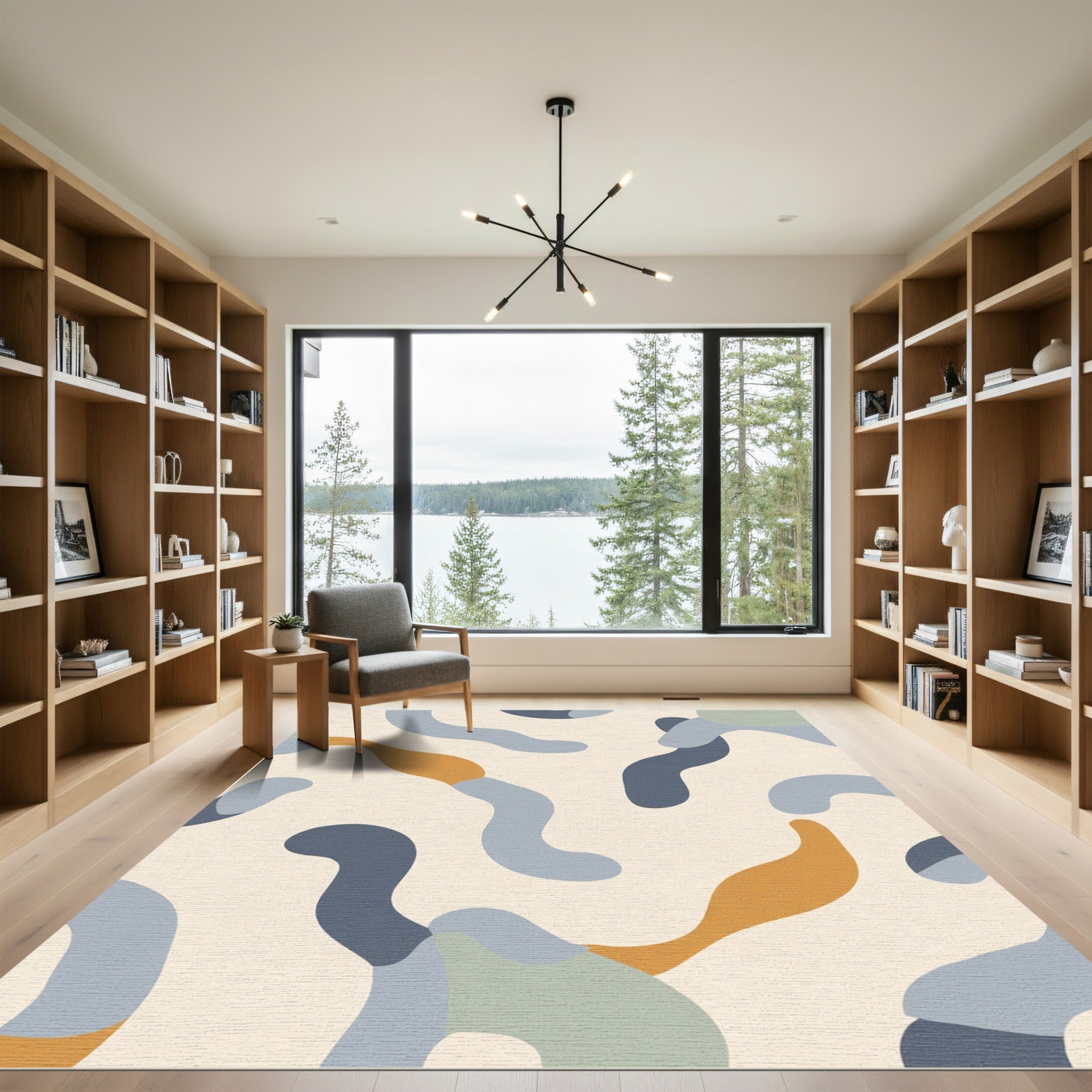 Abstract Ochre Blue Cream Shapes Rug