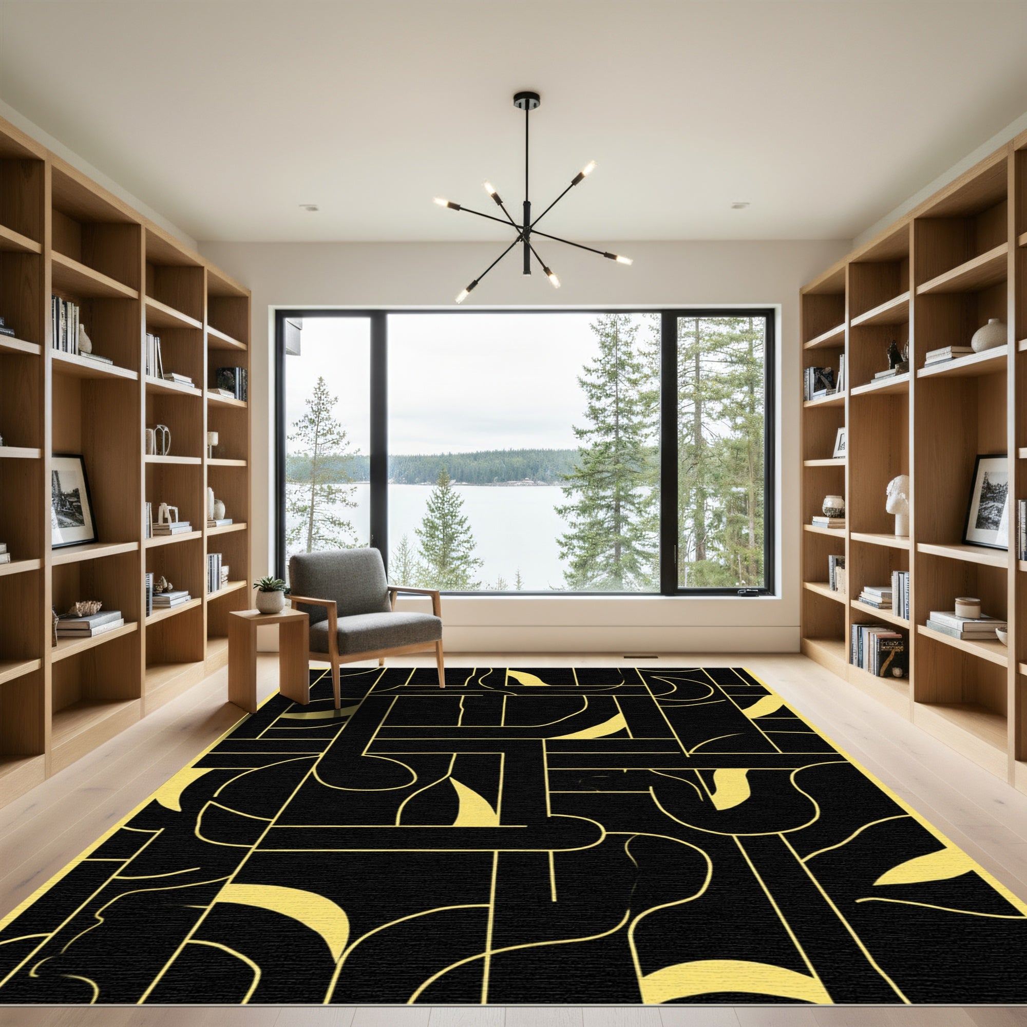 Black Gold Geometric Intersecting Lines Rug