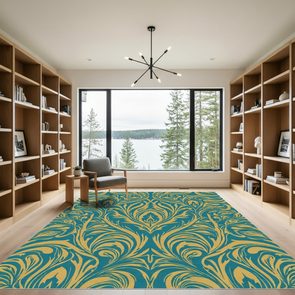 Teal Gold Classic Floral Swirl Rug