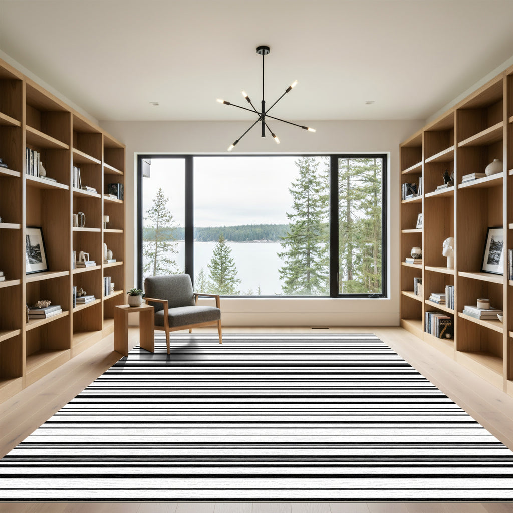 Black White Wide Thin Stripe Rug