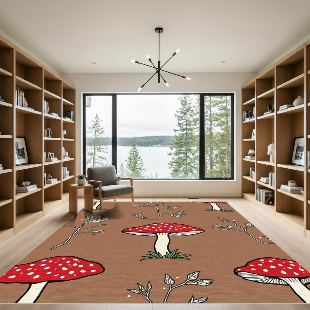 Red Amanita Mushroom Brown background Rug