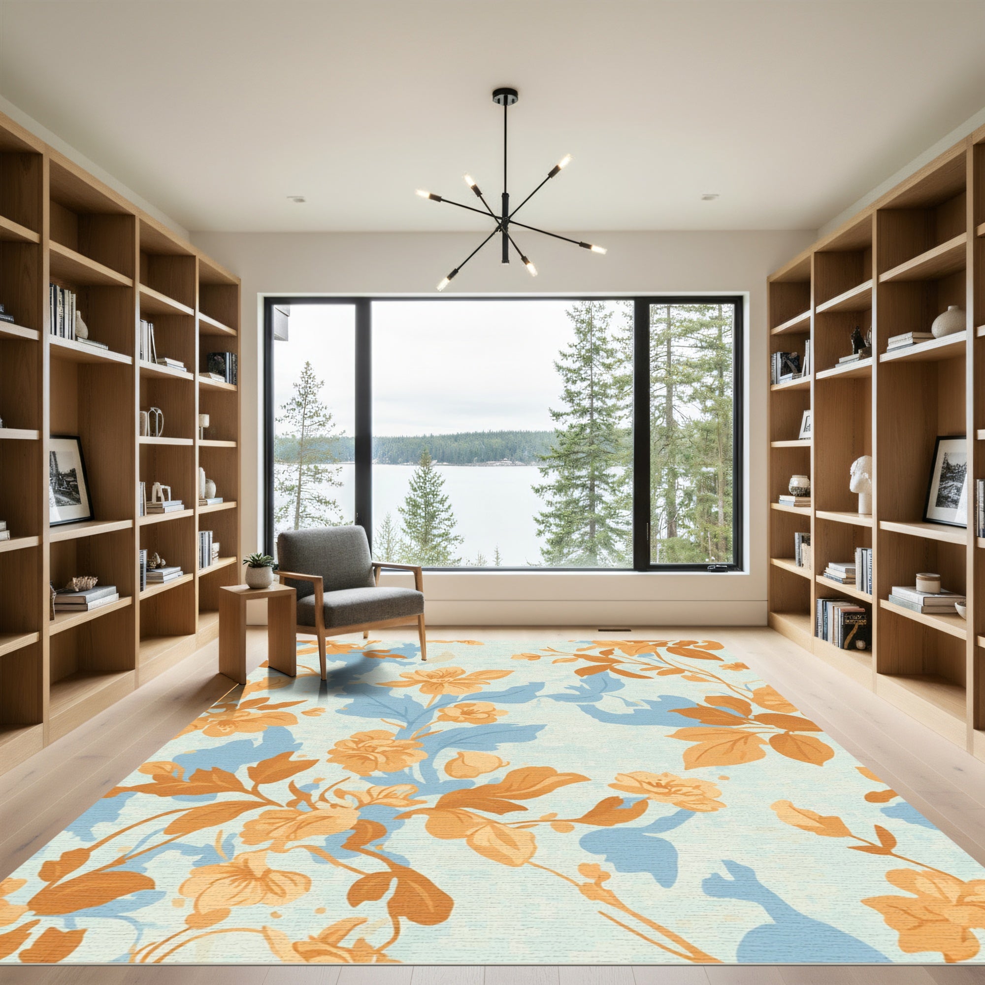 Orange Blue Floral Vines Background Rug