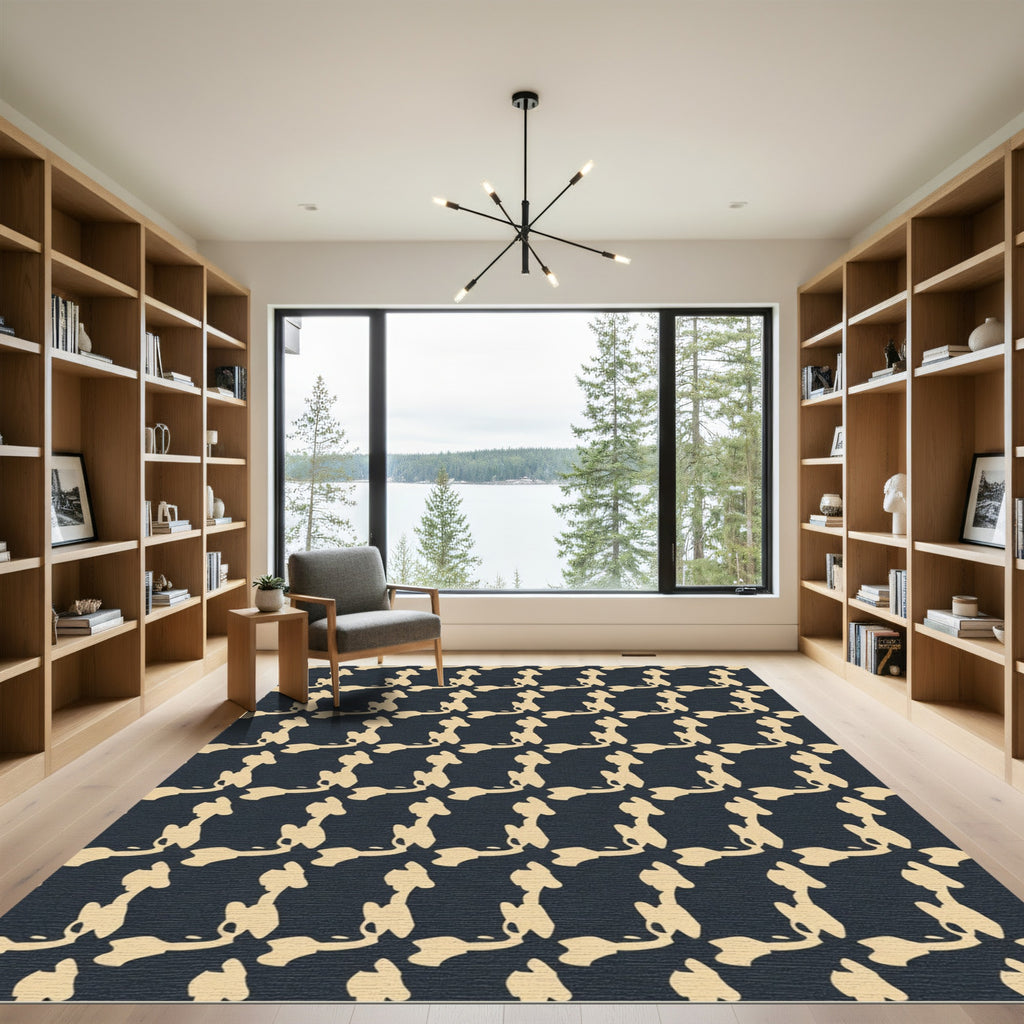 Abstract Cream Black Interlocking Shape Rug