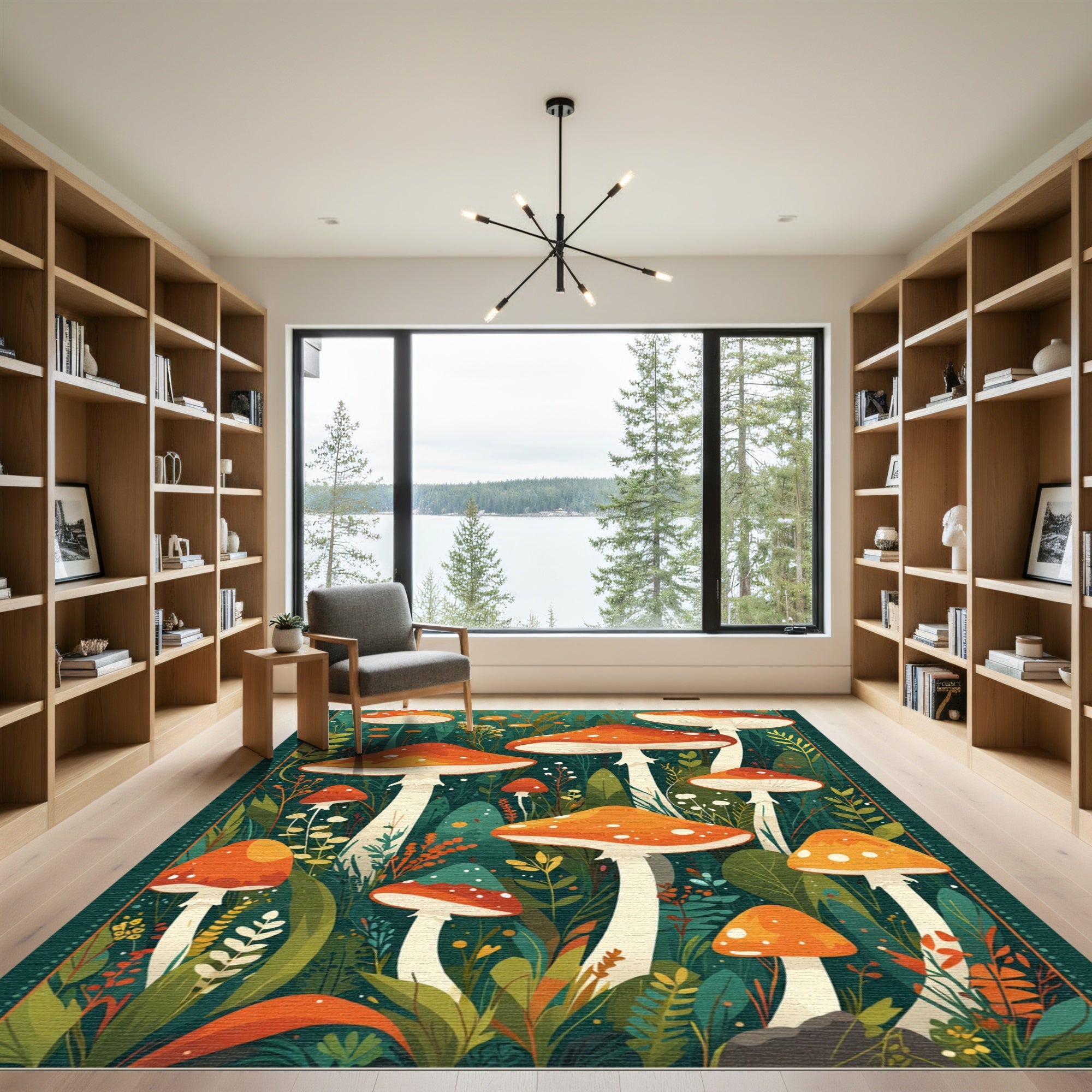 Whimsical Orange Woodland Mushroom Gathering Rug
